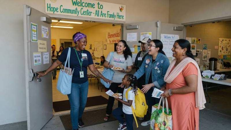 Women and a child welcomed at a community center