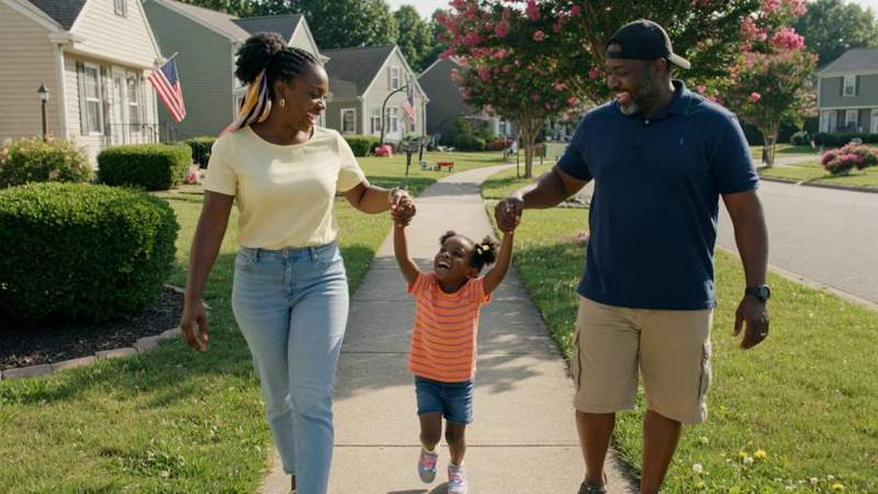 Parents walking with their child outdoors