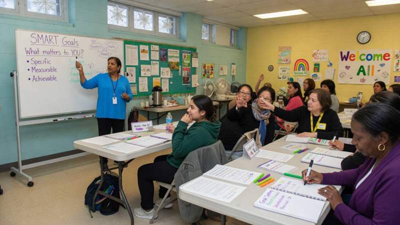 Women in an interactive educational workshop