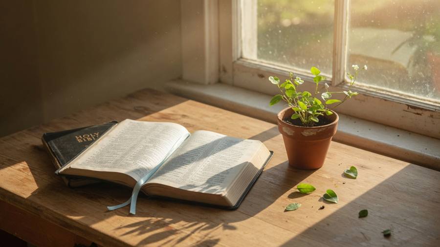Open Bible and a small plant by a sunlit window