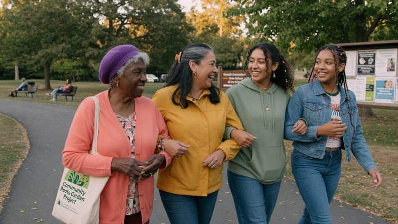 Women walking together in community support